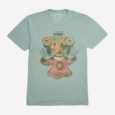 A light green t-shirt featuring a graphic of Orko from the animated series Masters Of The Universe