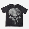 Black t-shirt with a white Punisher skull design on a white background