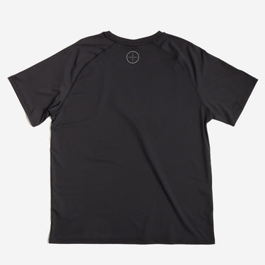 Black t-shirt with a logo on the back against a white background