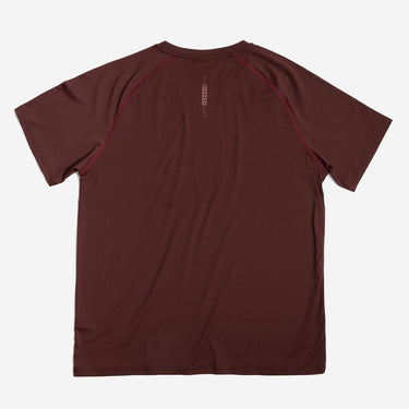 Maroon t-shirt with red accents on a white background