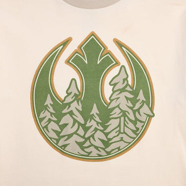 The photo shows a close up of a large screen print of the Star Wars Rebel emblem with a wooded overlay.