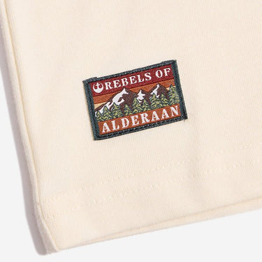   The close up shows a rectangular patch with the words "Rebels of" at the top and "Alderaan" at the bottom. Between the words is a small picture of a forest and mountains. 