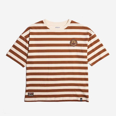 Photo shows a t-shirt with white and orange horizontal stripes.  There is a circular patch on the right chest with the Star Wars Rebel emblem. The emblem is within a braided circle that represents princess leias iconic braids.  The bottom right of the t-shirt has a rectangular patch with the words "Rebels of" at the top and "Alderaan" at the bottom. Between the words is a small picture of a forest and mountains. 