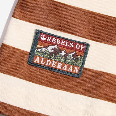 Photo shows a close up of a t-shirt with white and orange horizontal stripes.   The close up shows a rectangular patch with the words "Rebels of" at the top and "Alderaan" at the bottom. Between the words is a small picture of a forest and mountains. 