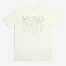 Cream T-shirt with graphic drawings of five characters and text reading "THE MUSES."