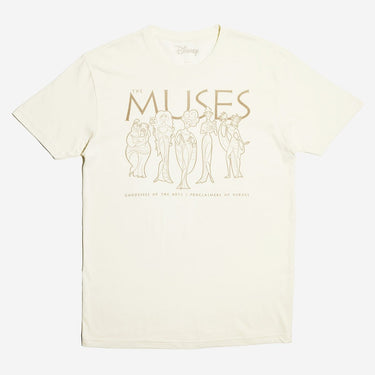 Cream T-shirt with graphic drawings of five characters and text reading "THE MUSES."