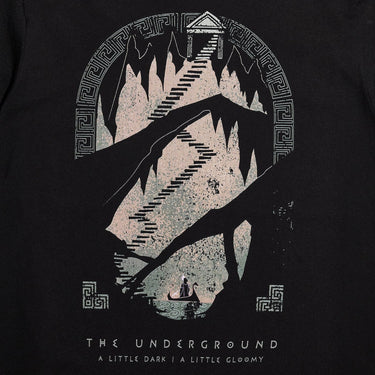 A stylized design of a staircase leading to a temple, with intricate patterns and a boat below