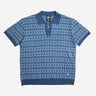 Blue patterned polo shirt on a white background