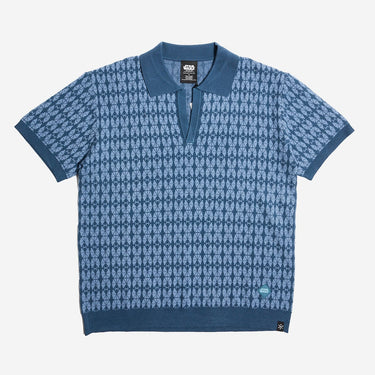 Blue patterned polo shirt on a white background