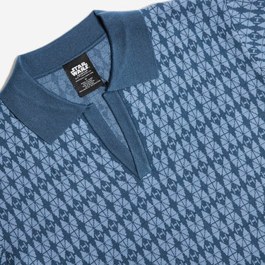 Blue star wars patterned shirt with a visible brand label on a white background
