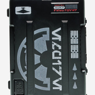 Black suitcase with 'Tie Fighter' branding on a white background