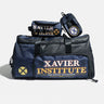 Navy duffel bag with 'Xavier Institute' branding on a light gray background