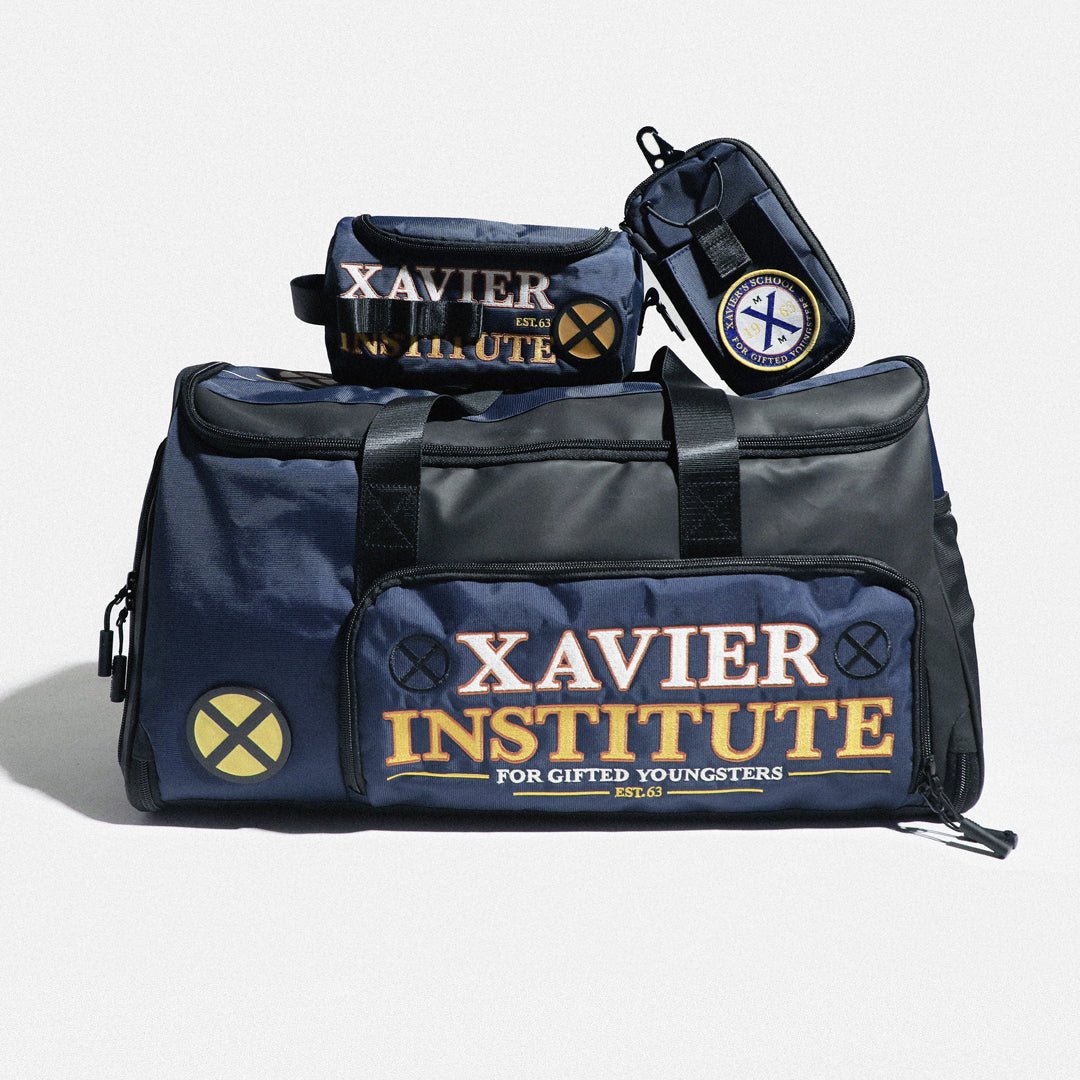 Navy duffel bag with 'Xavier Institute' branding on a light gray background