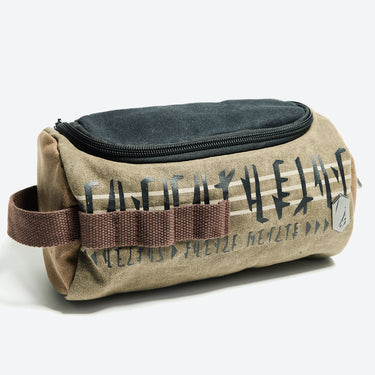 Star Wars The Mandalorian Canvas toiletry bag with text and brown strap on a white background