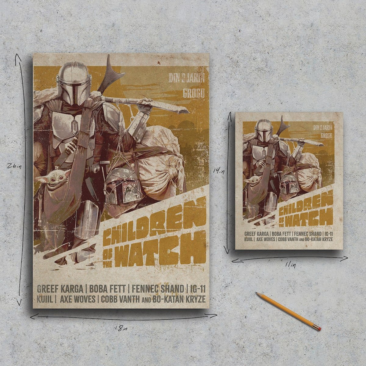 Two 'Children of the Watch' canvas prints with a character on a gray surface.