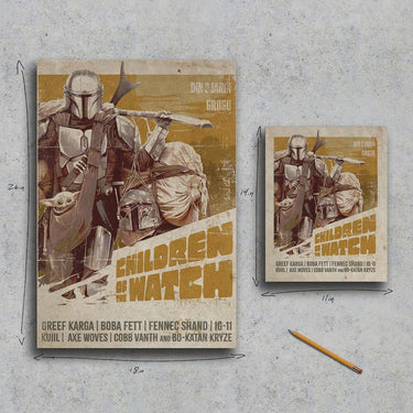 Two 'Children of the Watch' canvas prints with a character on a gray surface.