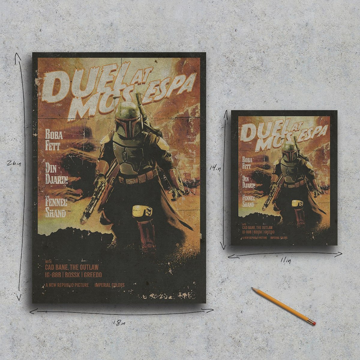 Two 'Duel at Mos Espa' posters featuring Boba Fett on a textured surface with a pencil.