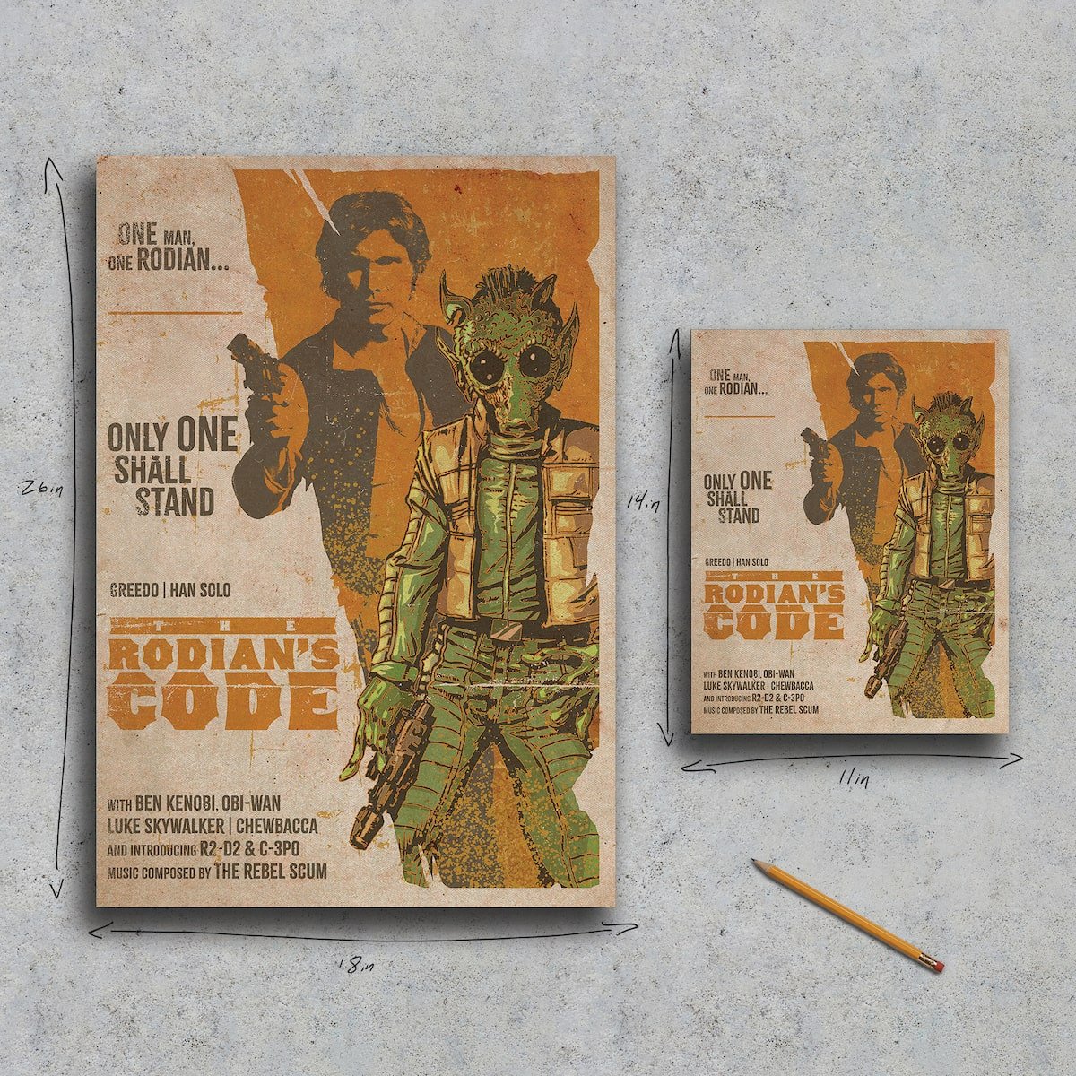 Two 'Rodian's Code' art print with a pencil on a gray surface