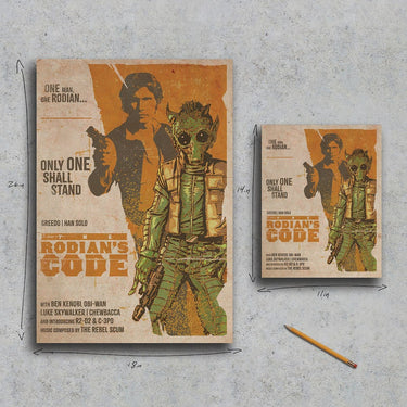 Two 'Rodian's Code' art print with a pencil on a gray surface