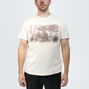 Man in a white tshirt featuring Vi from the show Arcane