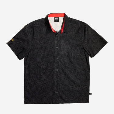 A button up black shirt with red details in a star wars imperial geometric pattern 