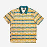 A button up yellow and teal shirt with a star wars jedi motif in a striped pattern