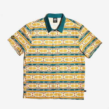 A button up yellow and teal shirt with a star wars jedi motif in a striped pattern