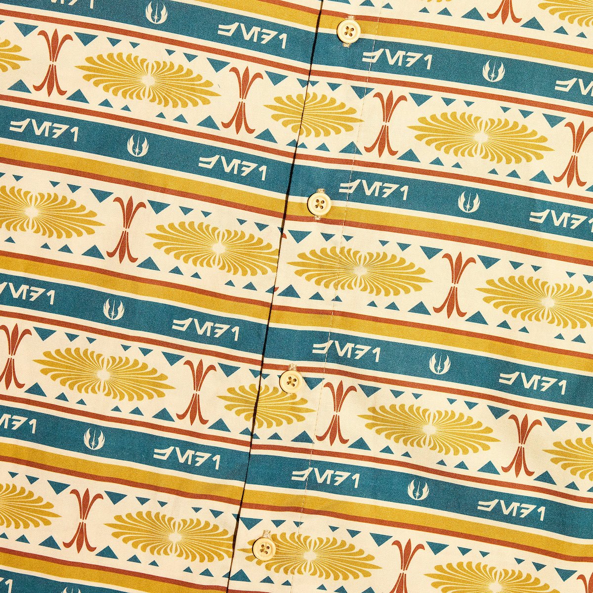 A close up of a button up yellow and teal shirt with a star wars jedi motif in a striped pattern