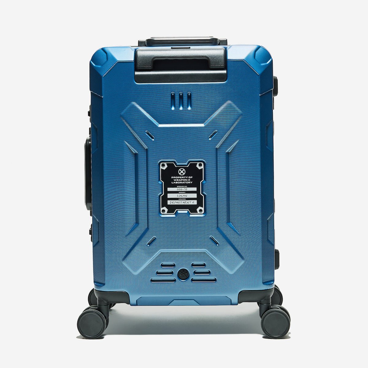 Blue suitcase with geometric design on a white background