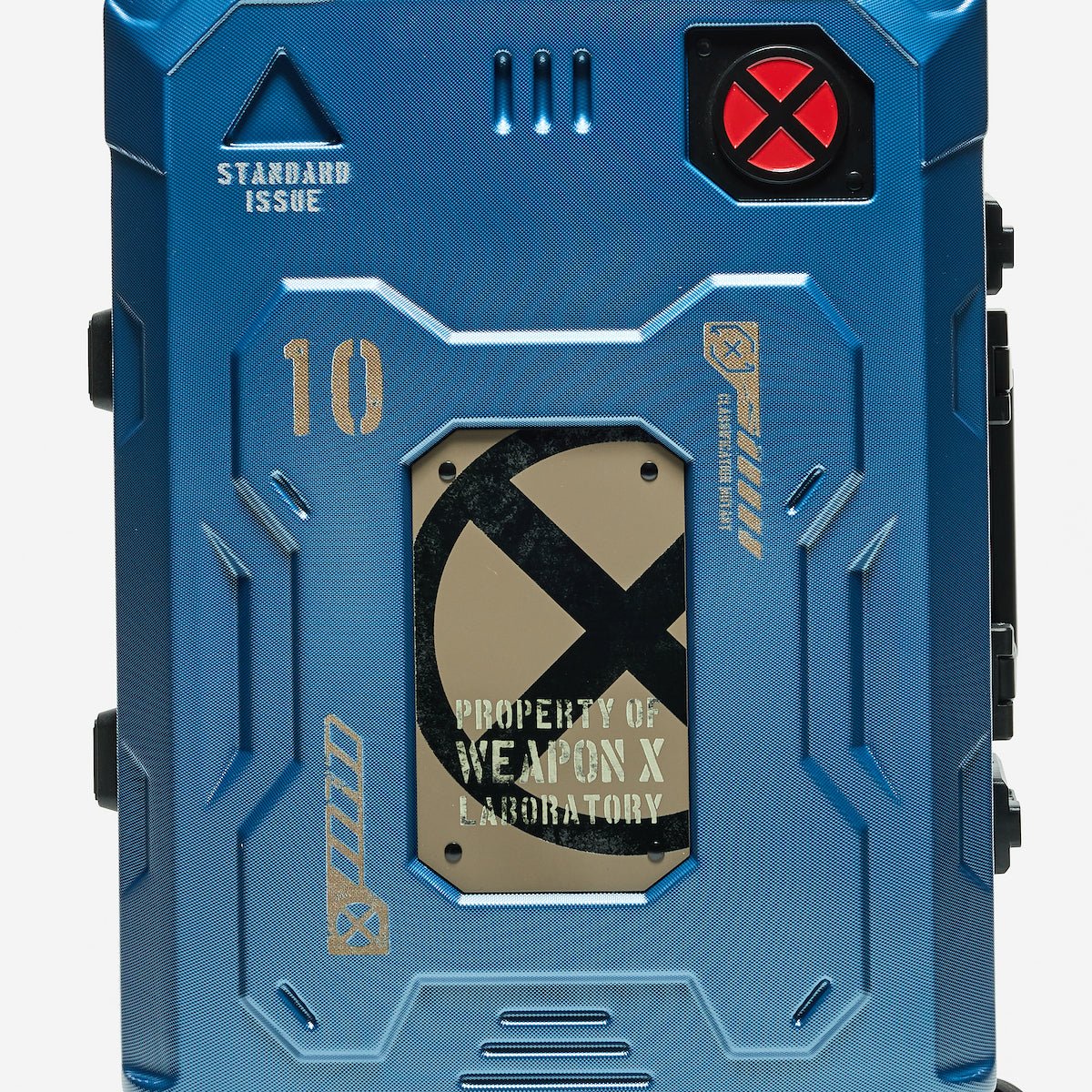 Blue Suitcase with 'Weapon X Laboratory' label on a white background