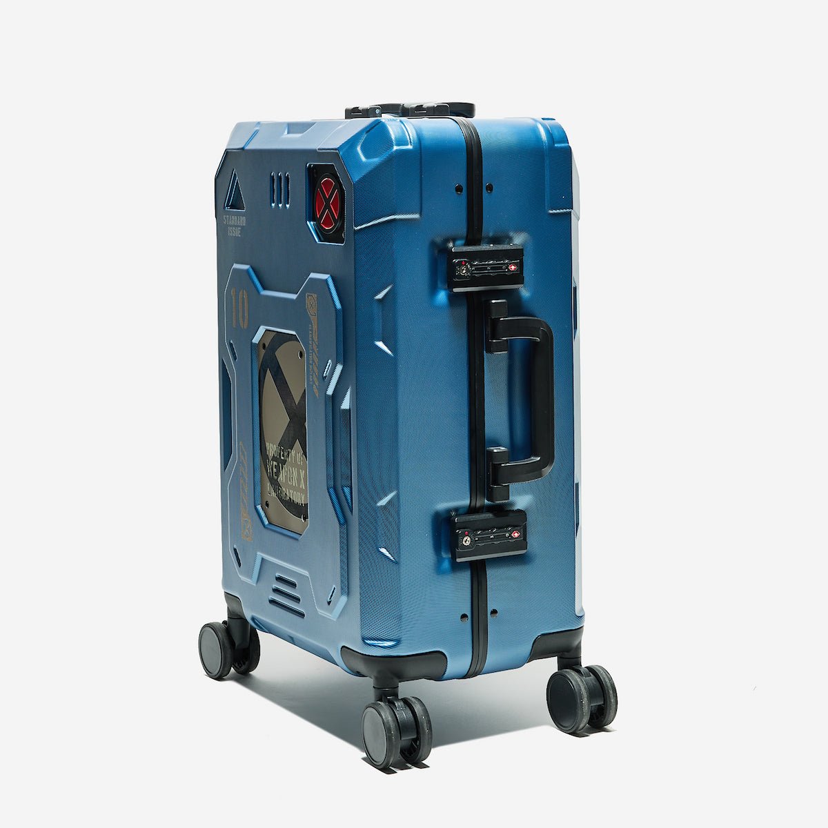 Blue suitcase with geometric X-Men  design on a white background