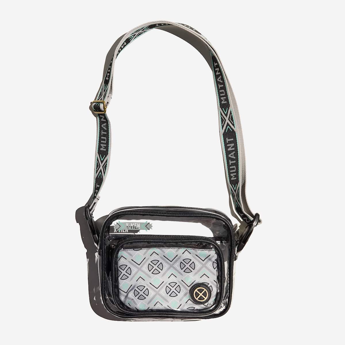 X-Men Clear crossbody bag with patterned strap on a white background
