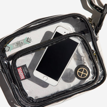 Clear bag with black zipper containing a smartphone, Marvel X-Men branded item, and other small objects on a white background.