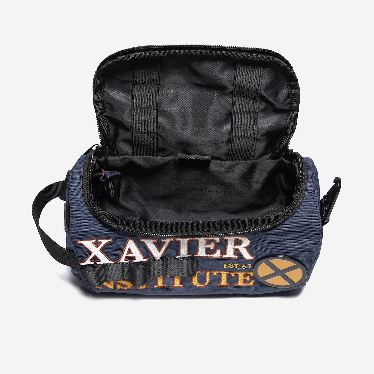 Navy blue bag with 'Xavier Institute' branding on a white background
