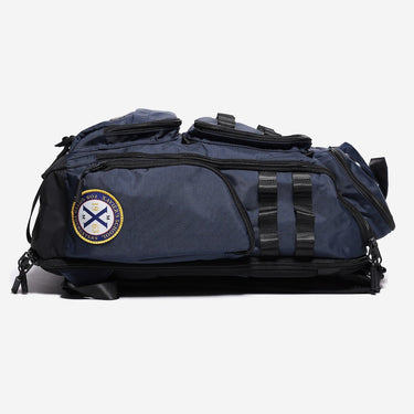 Blue backpack with a  Xavier Institute logo on a white background