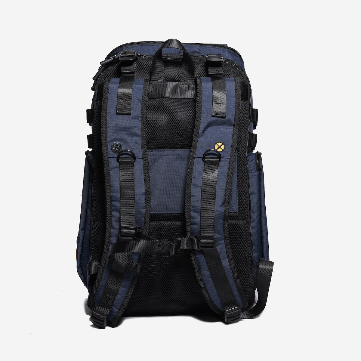 Navy Blue backpack with black details on a white background