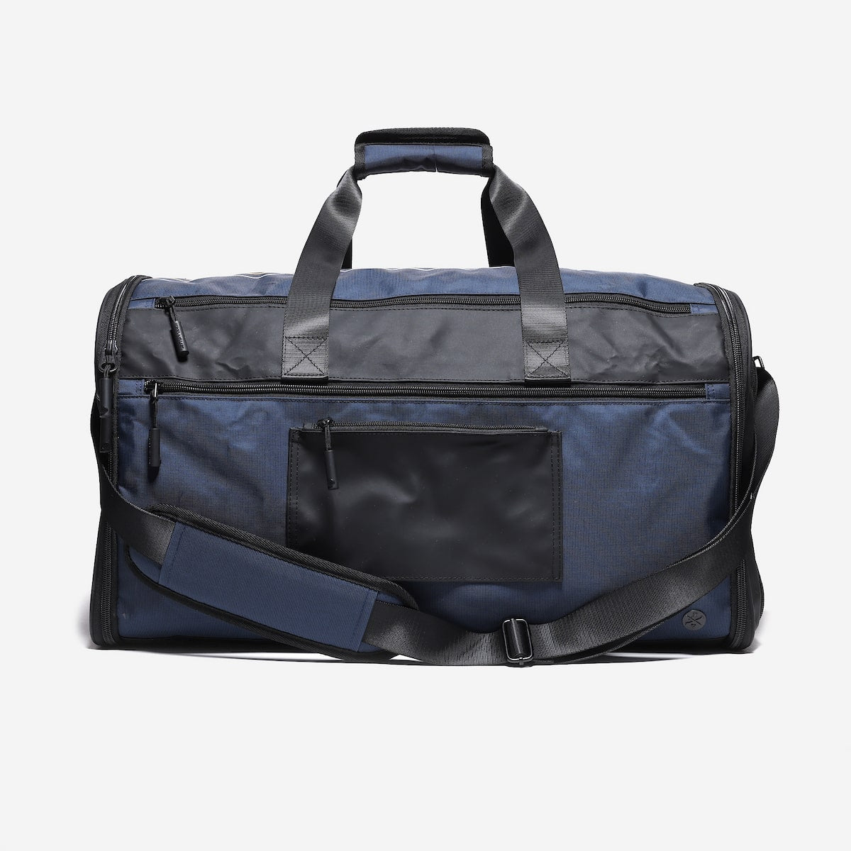 Blue duffel bag with black accents on a white background
