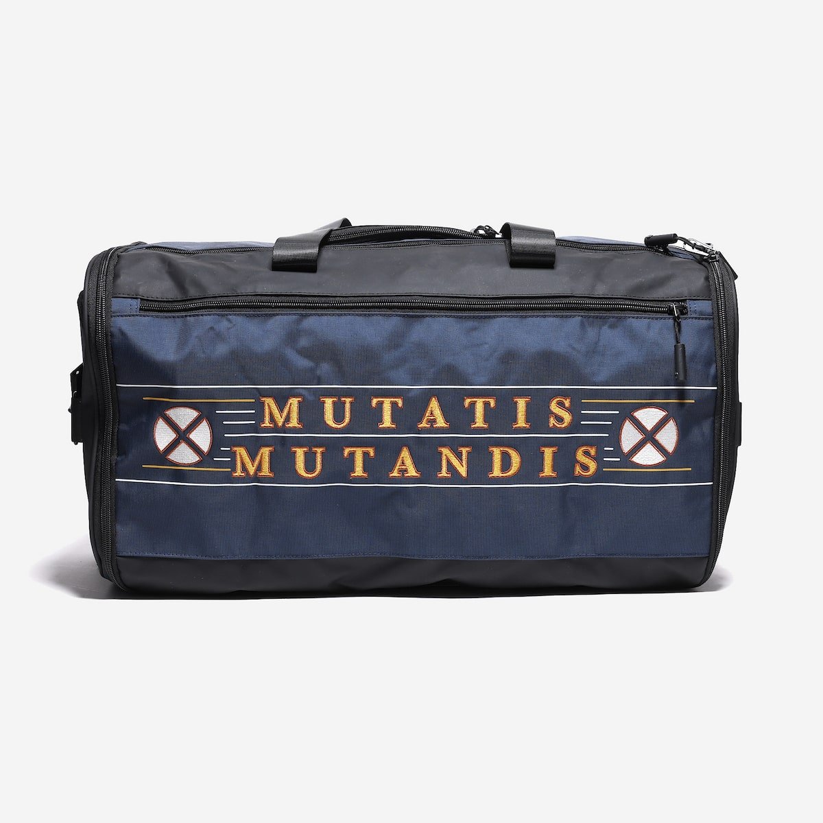 Navy duffel bag with 'Mutatis Mutandis' text and design on a white background
