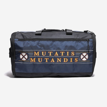 Navy duffel bag with 'Mutatis Mutandis' text and design on a white background