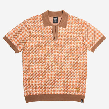 Orange patterned polo shirt with darker orange accents on a white background