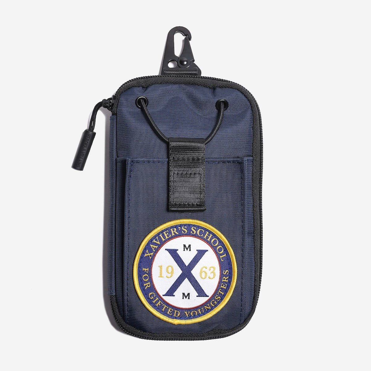 Navy blue pouch with Xavier School logo on a white background