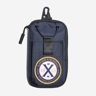 Navy blue pouch with Xavier School logo on a white background