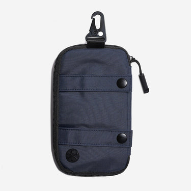 Navy blue pouch with zippers and a carabiner on a light gray background