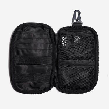 Black tactical pouch with multiple compartments and a visible brand logo on a white background
