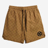 Gold shorts with an x-men pattern and logo on a white background