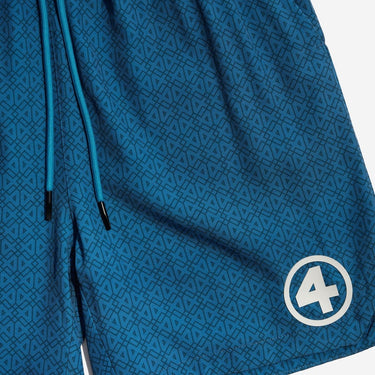 Blue athletic shorts with geometric pattern and fantastic four logo on a white background