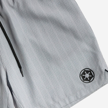 Close-up of gray imperial shorts with a logo on a white background