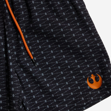 Black shorts with gray x-wing pattern and orange rebel logo on a white background