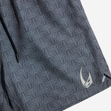 Gray mandalorian patterned fabric with a logo on a white background