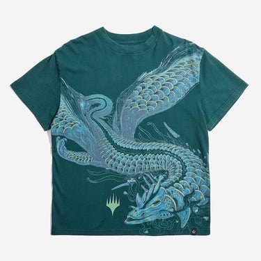 Front view of Magic: The Gathering Dragonstorm Teval Grail Premium dark green t-shirt